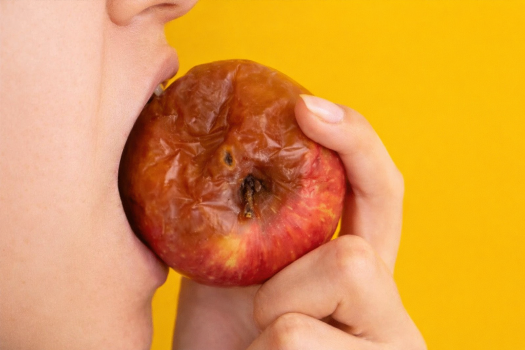 Una mela marcia che viene mangiata