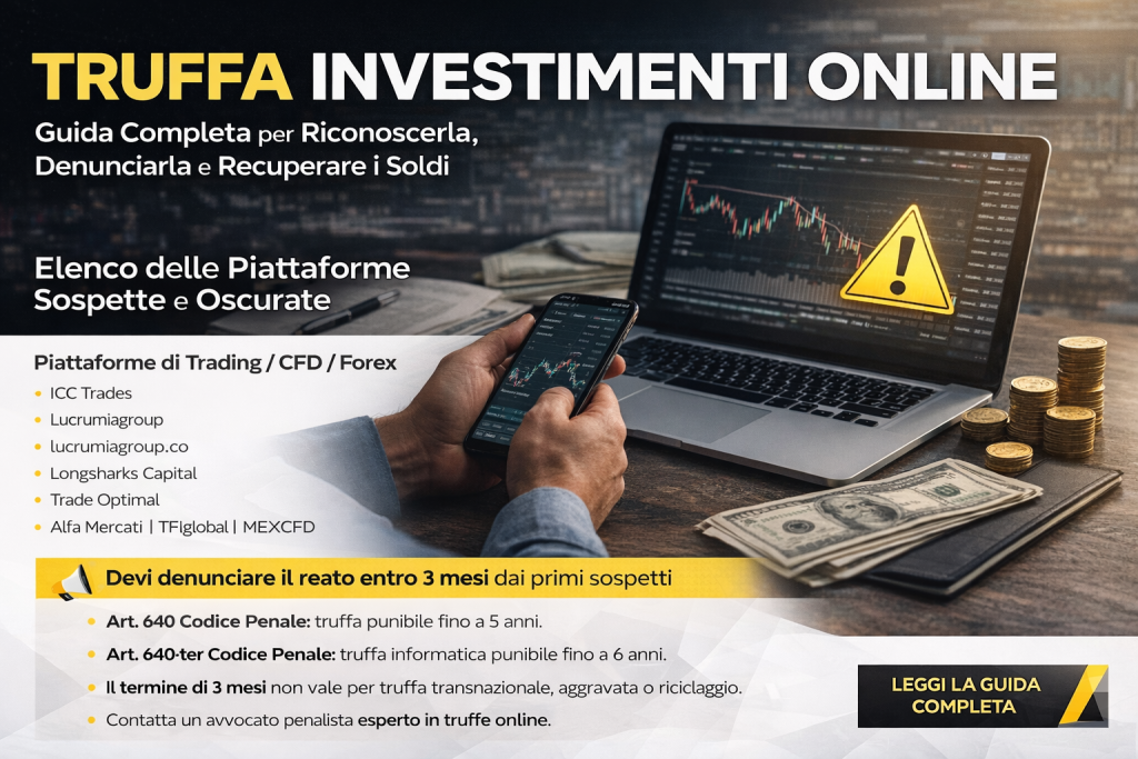 Truffa Investimenti Online: analisi giuridica completa, termini per la querela, aggravanti transnazionali, reati contestabili e cosa fare per tutelarsi anche per cryptovalute