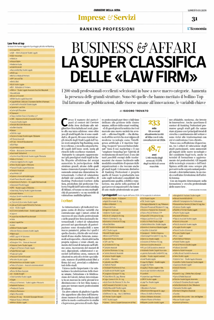 Soardi Studio Legale inserito per il terzo anno consecutivo nella classifica “Studi Legali dell’Anno” pubblicata dal Corriere della Sera nel Ranking Professioni.